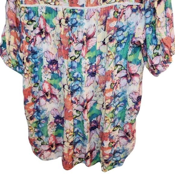 Intro Smocked Floral Rayon Short Sleeve Vibrant Top Size Small - Picture 7 of 8